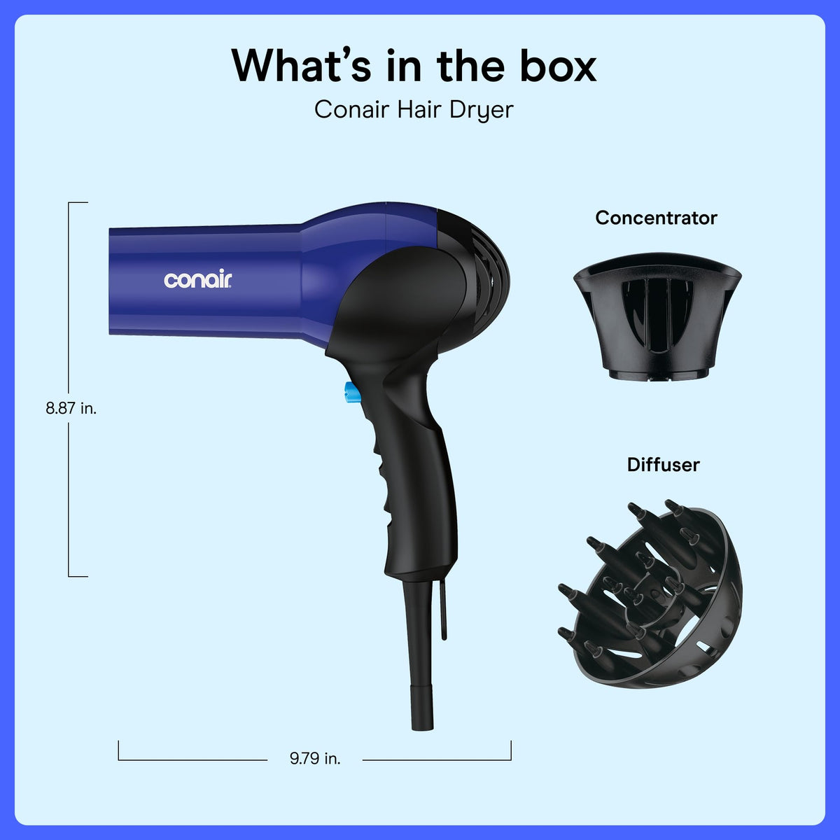 Lightweight 1875W Hair Dryer with Diffuser & Concentrator Attachments S88452