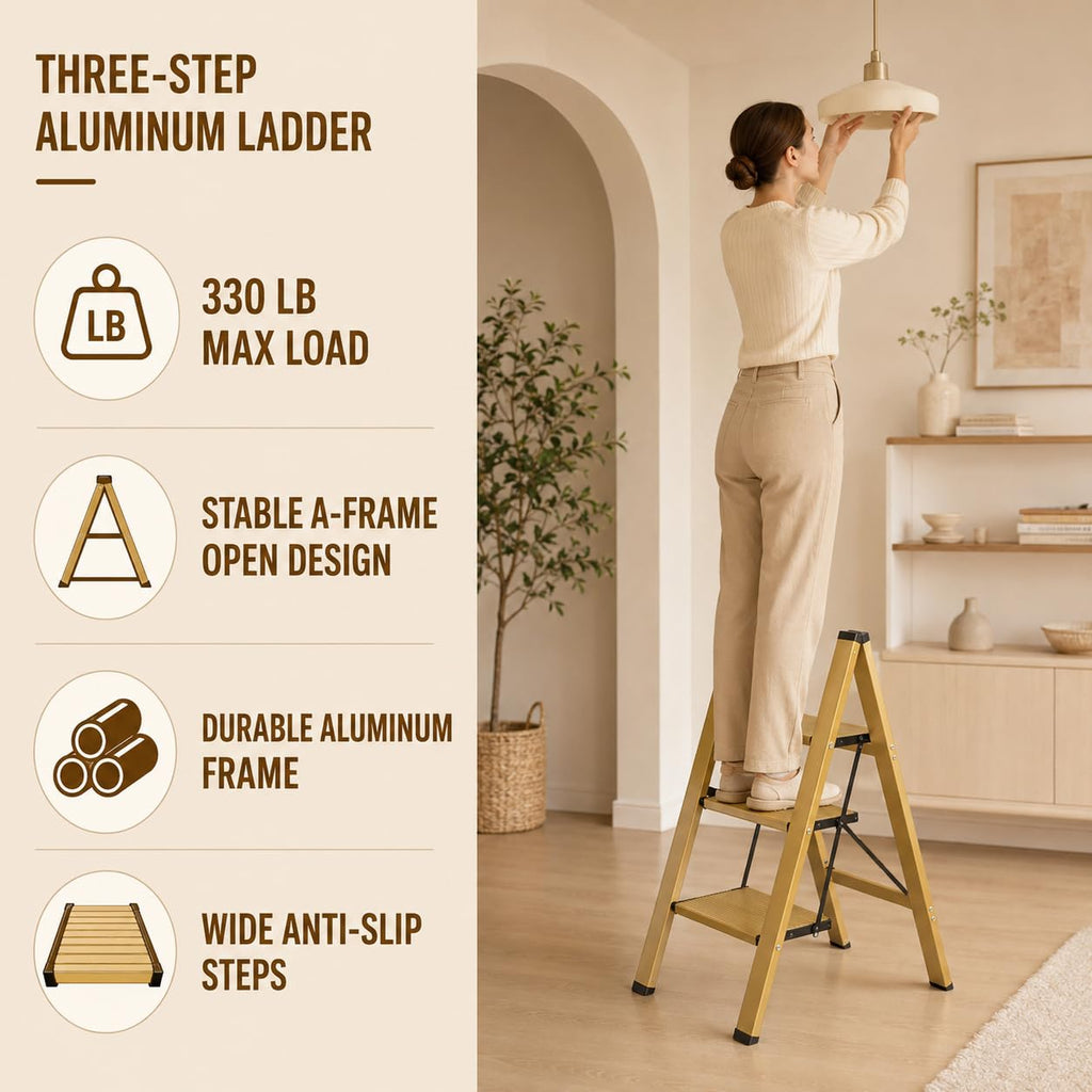 Gold Aluminum 3 Step Folding Stool, 330 lb Capacity F745