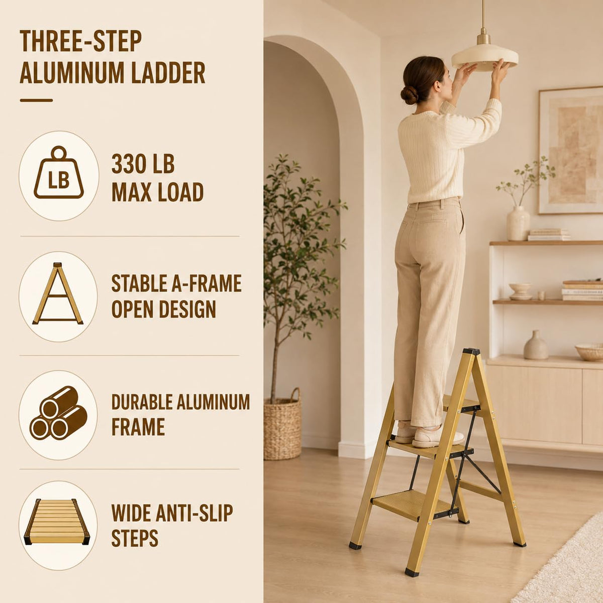 Gold Aluminum 3 Step Folding Stool, 330 lb Capacity F745
