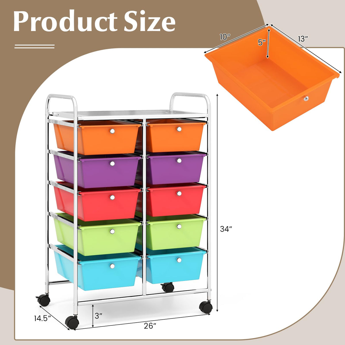 10 Drawer Rolling Storage Cart with Lockable Wheels L492057