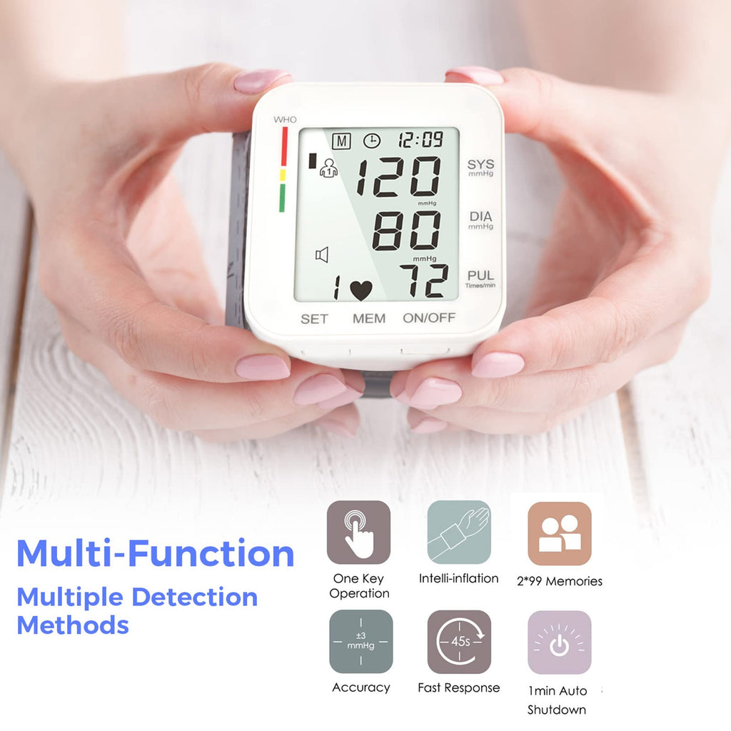 Wrist Blood Pressure Monitor Large LCD Display Adjustable Cuff 99x2 Sets Memory with Carrying Case White Pack of 5 M6580