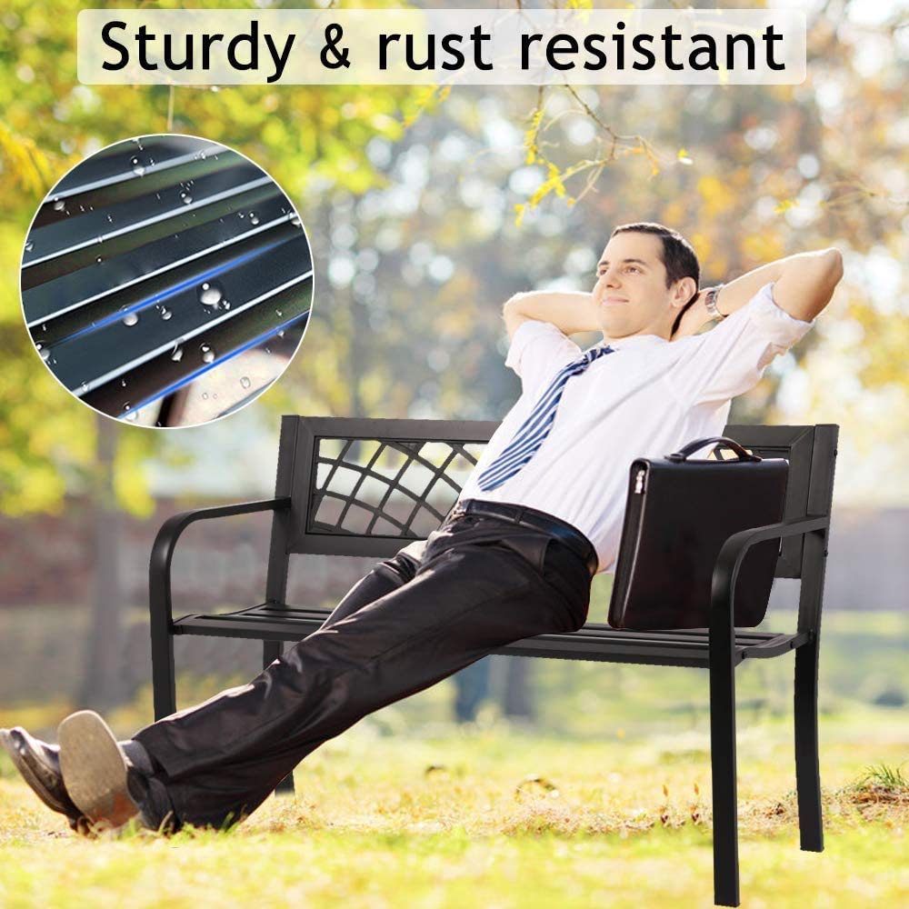 Black Metal Outdoor Patio Bench with Armrests Q574745