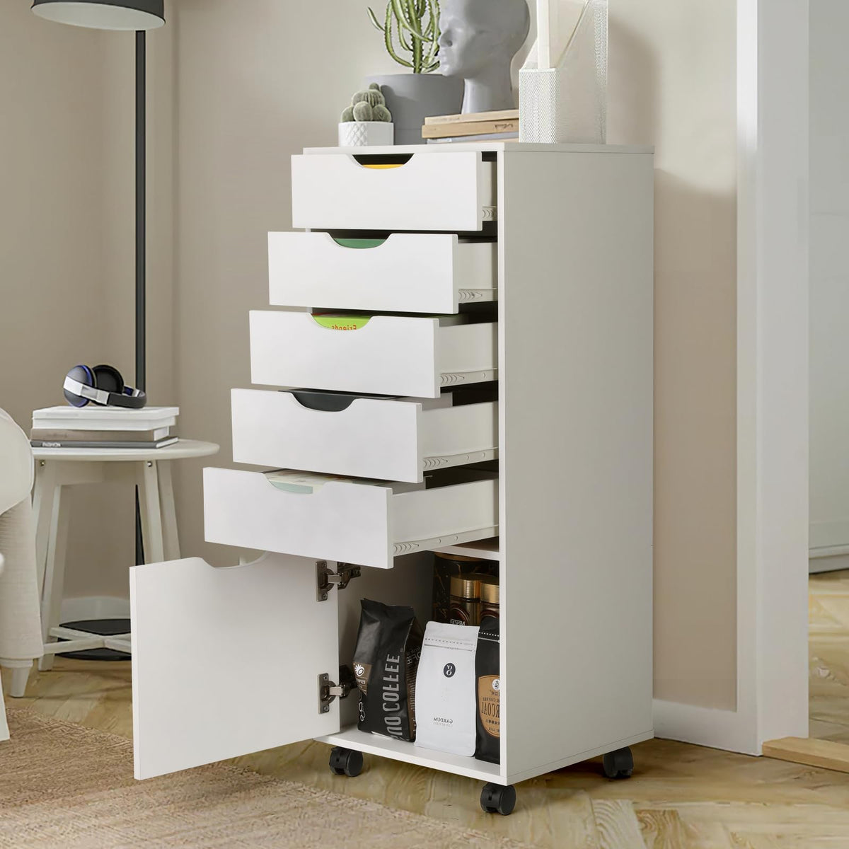 White 5 Drawer Mobile File Cabinet Q308