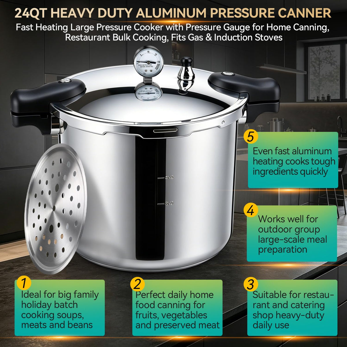 23-24QT Aluminum Pressure Cooker with Pressure Gauge O15079