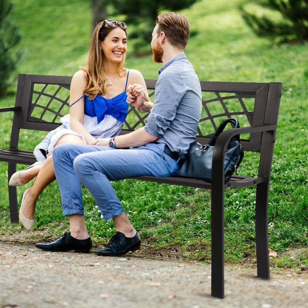 Black Metal Outdoor Patio Bench with Armrests Q574745