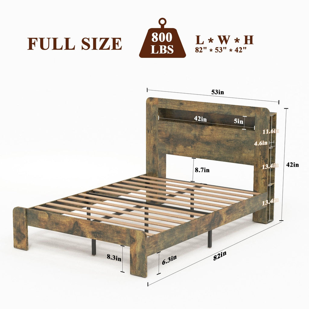 Full Size Dark Brown Wood Platform Bed Frame with Storage D292