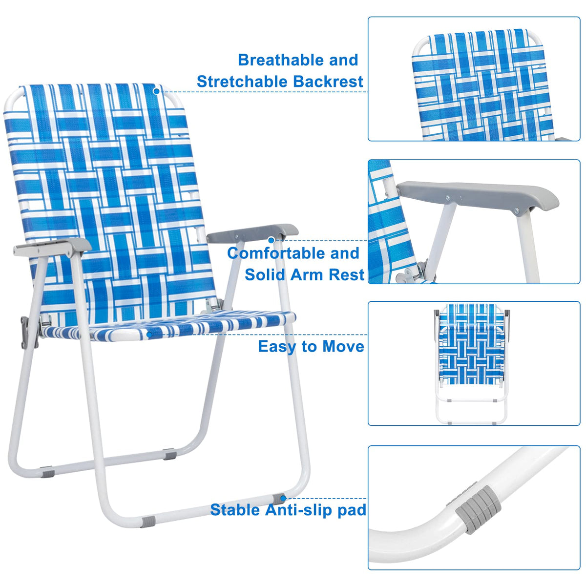 Folding Aluminum Webbed Lawn Chairs Set of 2 Blue & White Strip G91102