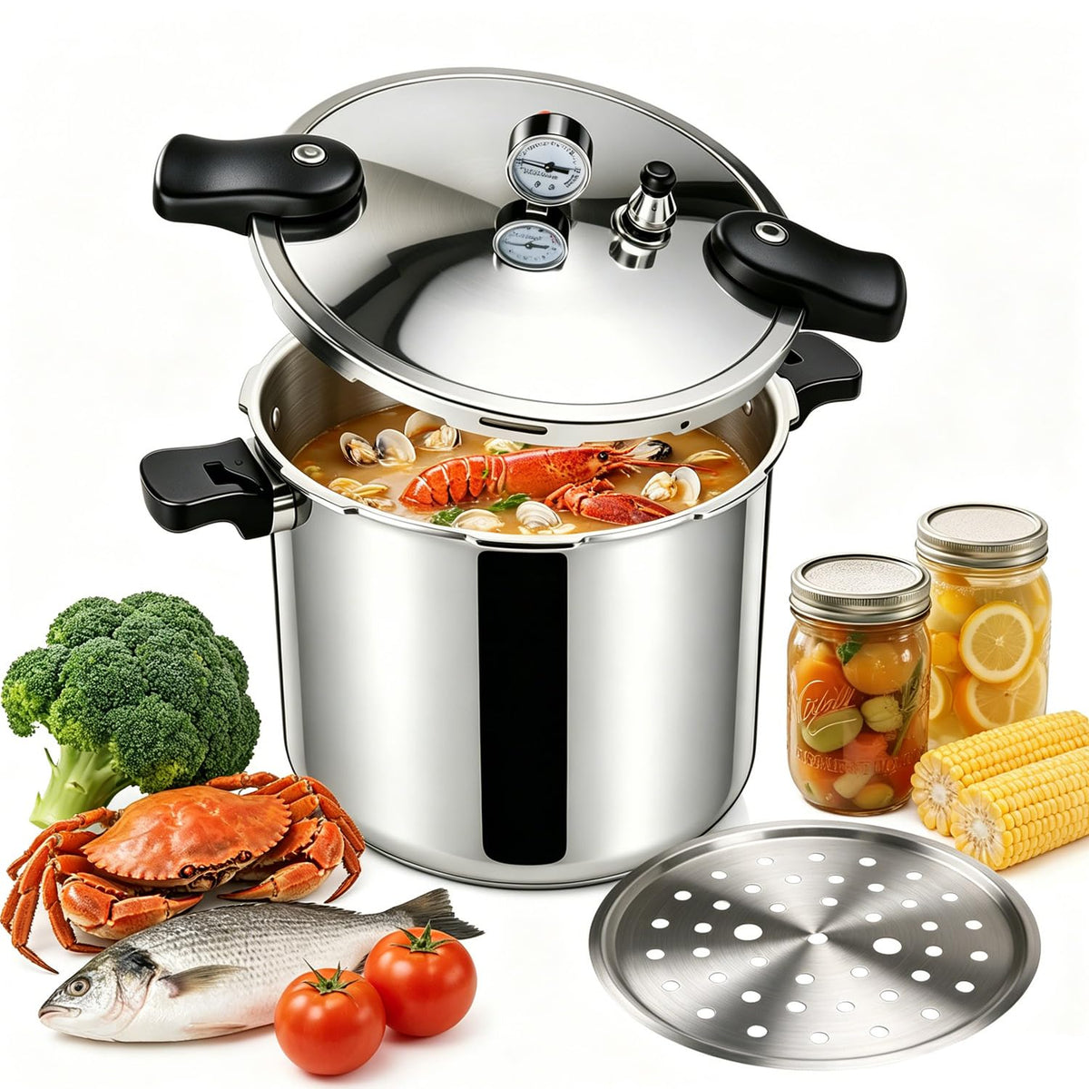 23-24QT Aluminum Pressure Cooker with Pressure Gauge O15079