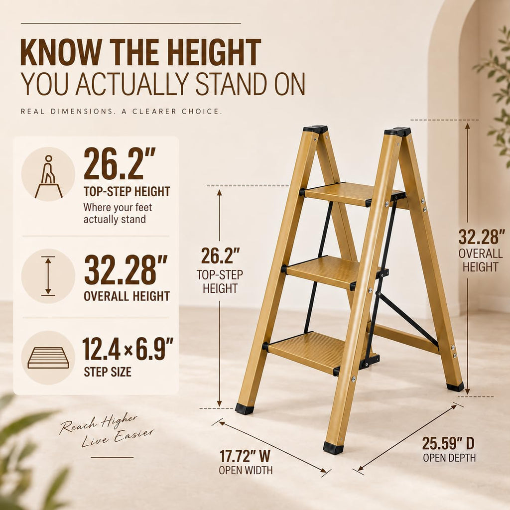Gold Aluminum 3 Step Folding Stool, 330 lb Capacity F745