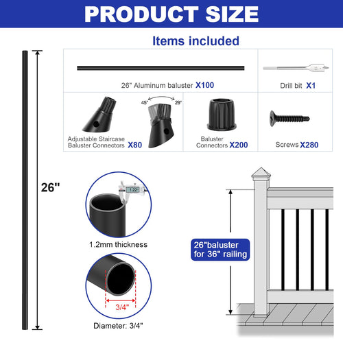 100 Pack 26" Round Black Aluminum Deck Balusters Z15978