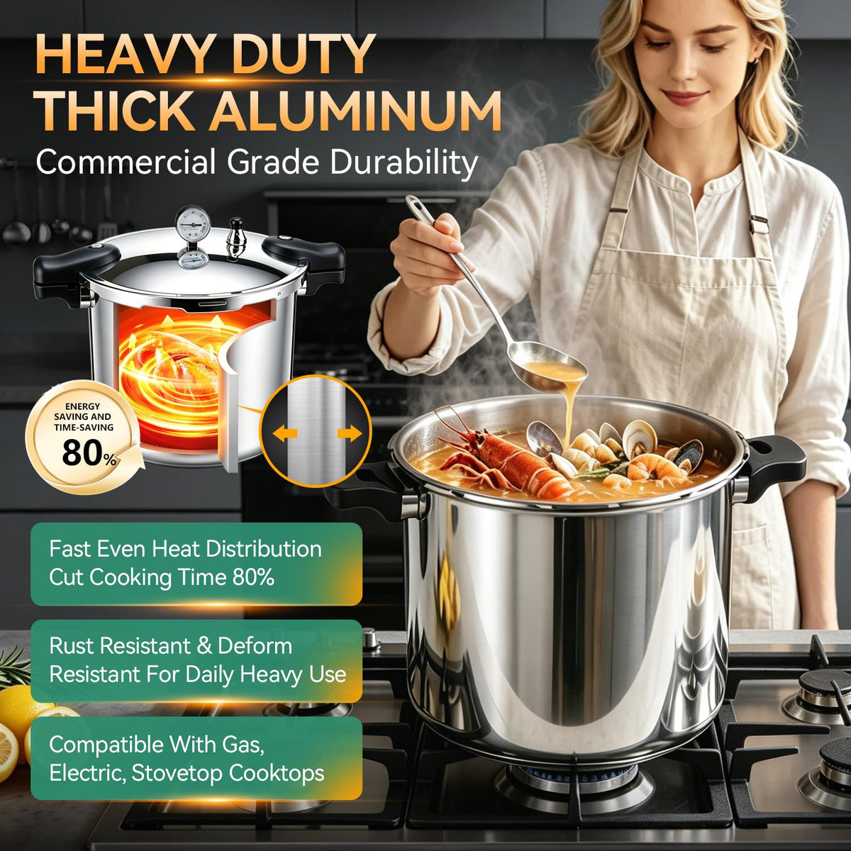 23-24QT Aluminum Pressure Cooker with Pressure Gauge O15079
