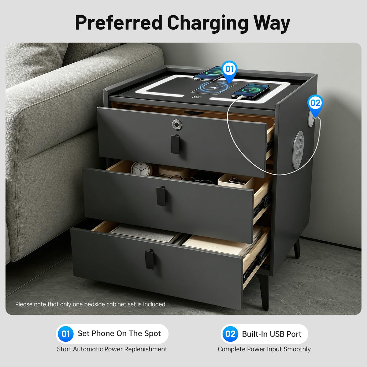 Smart LED Nightstand with Wireless Charging and Fingerprint Lock B410