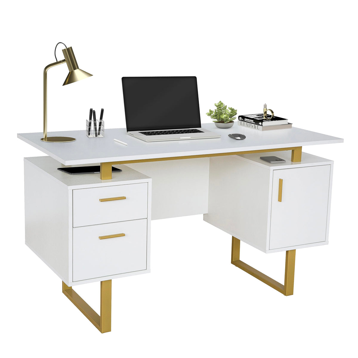 51"W Computer Desk with 2 Drawers & Storage Cabinet Q6544