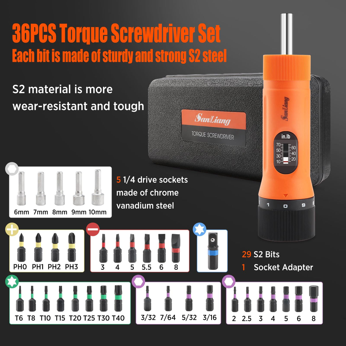 36Pcs Torque Screwdriver Wrench Set with 29 S2 Bits G716733