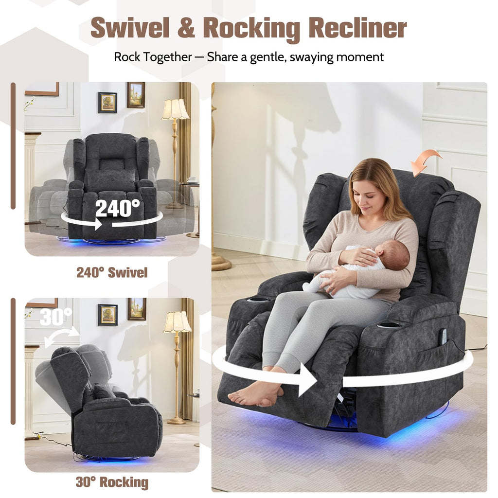 Velvet Gray Swivel Rocker Recliner with Massage and Heat P5934