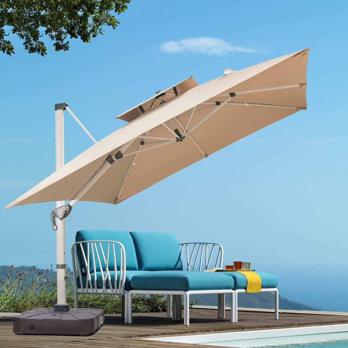10 FT Square Cantilever Patio Umbrella with Solar LED Lights and Cross Base, Khaki F483548