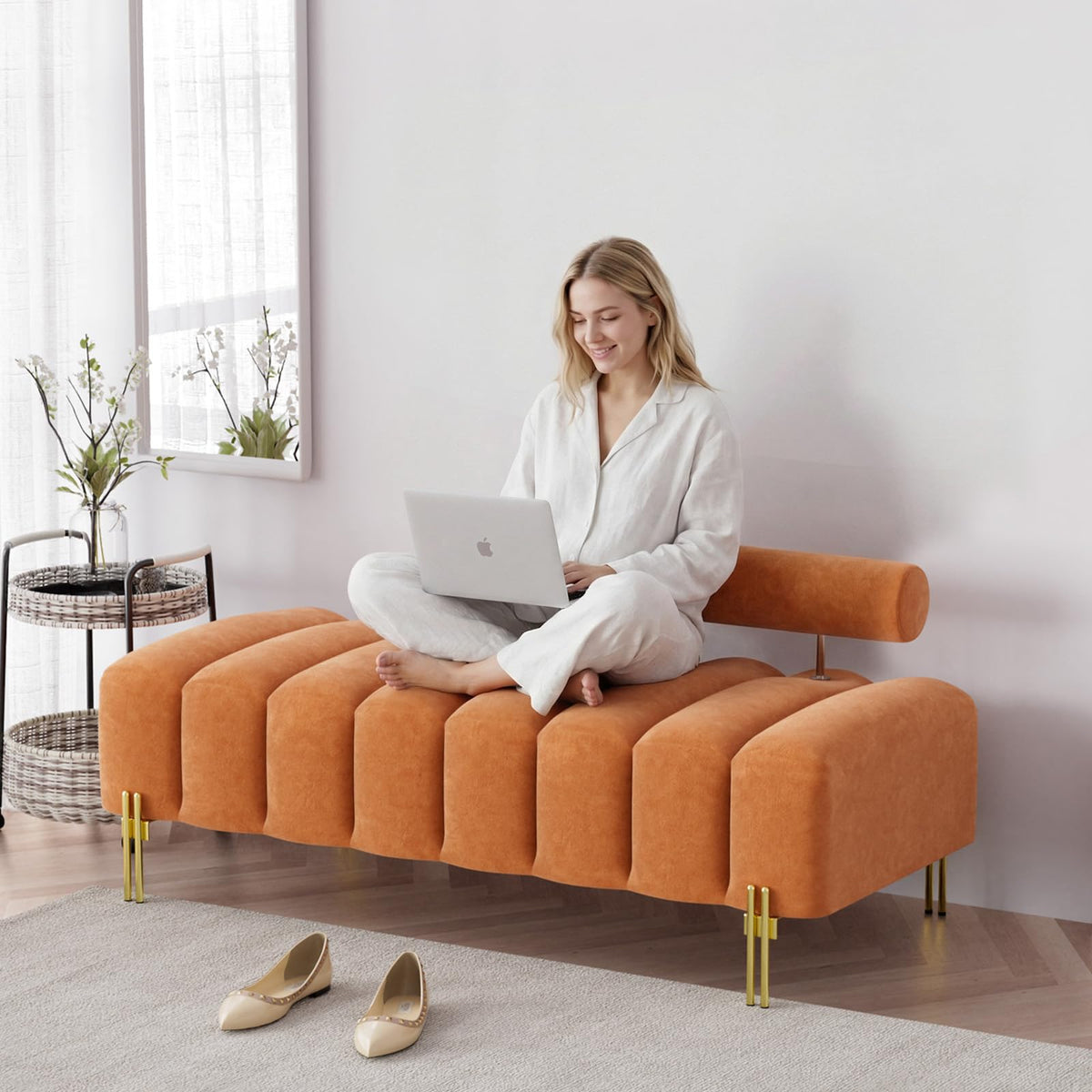 Orange Velvet Ottoman Bench D318648