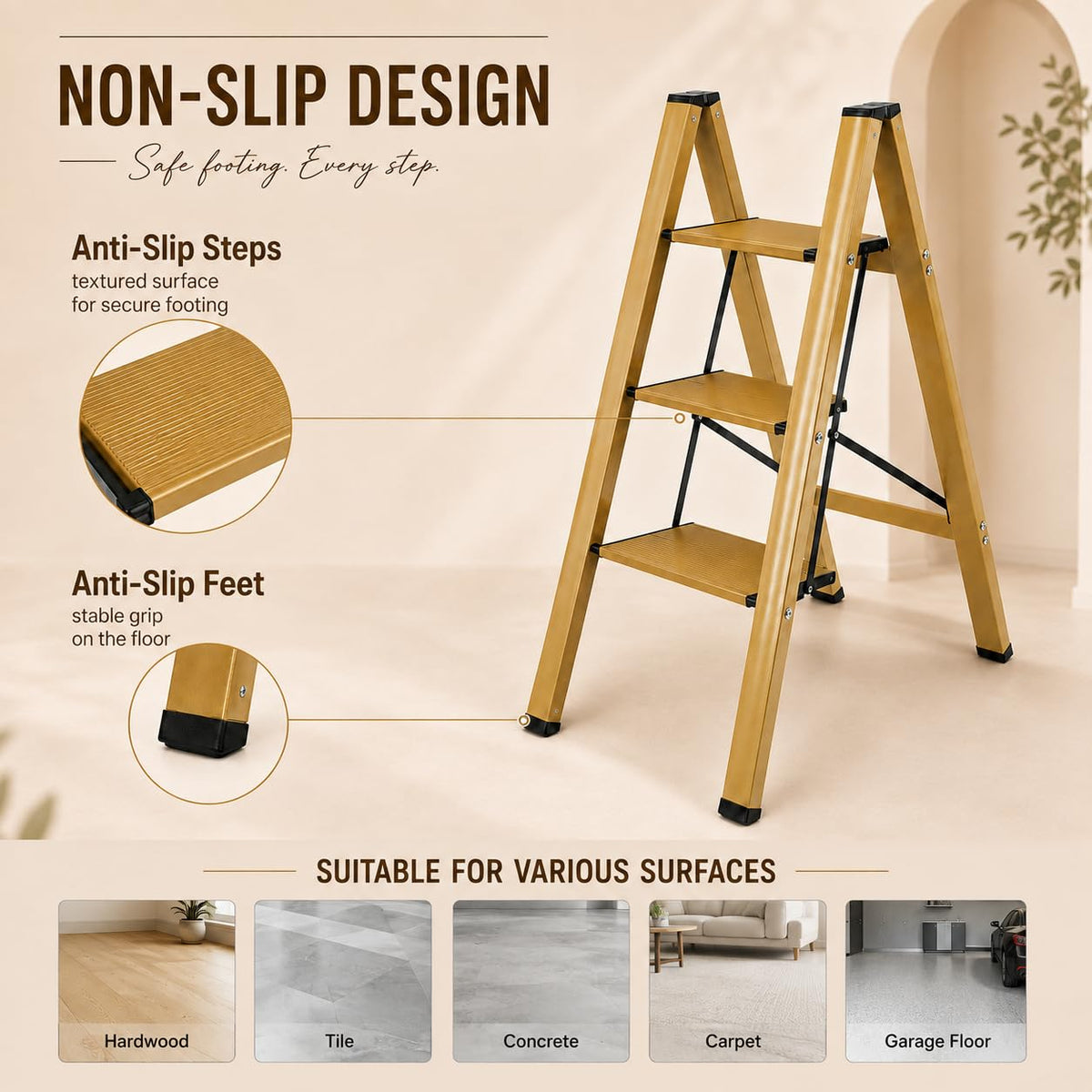 Gold Aluminum 3 Step Folding Stool, 330 lb Capacity F745