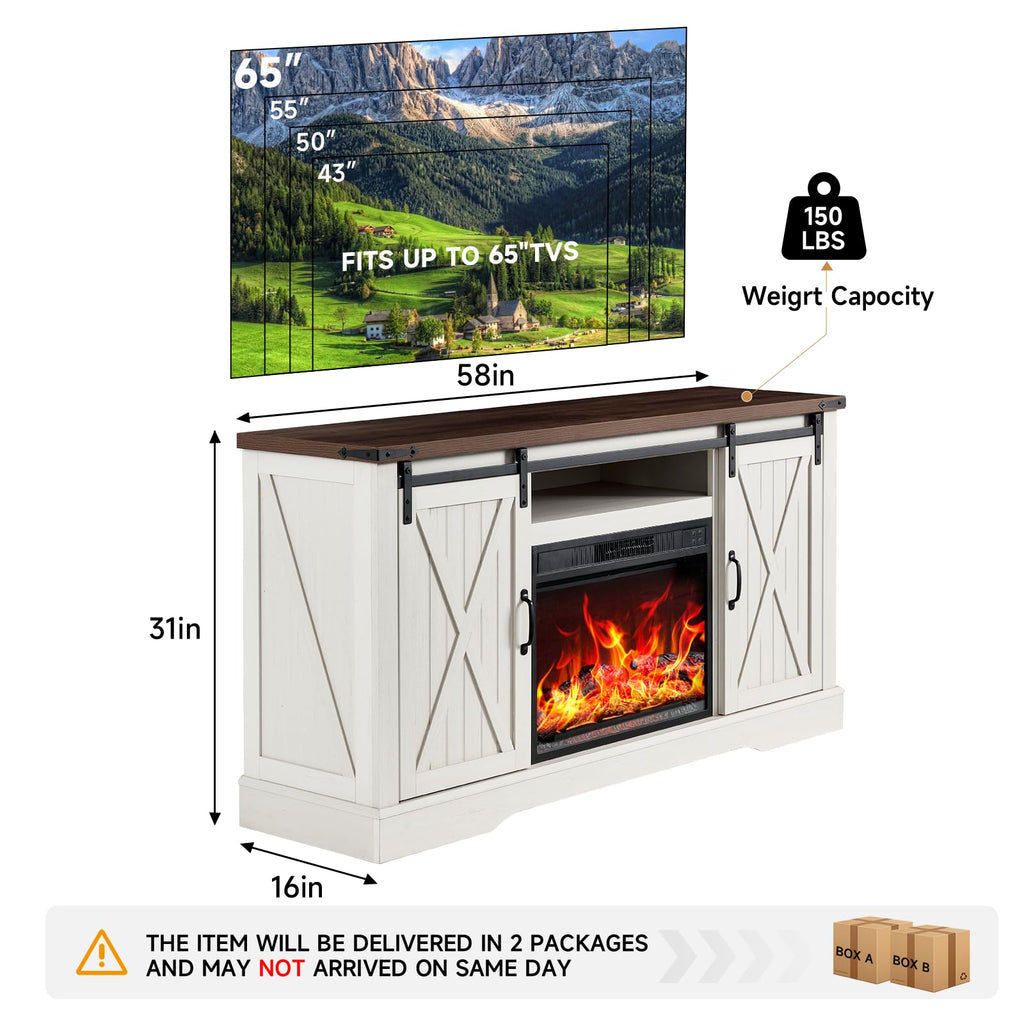 58" Fireplace TV Stand for TV up to 65 Inch with Sliding Barn Doors, White J76908