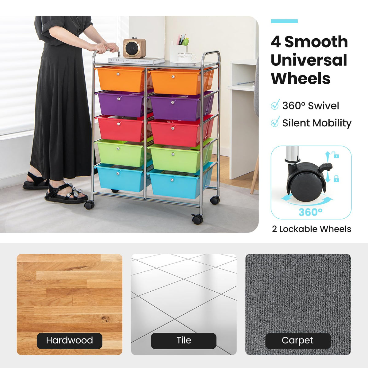 10 Drawer Rolling Storage Cart with Lockable Wheels L492057