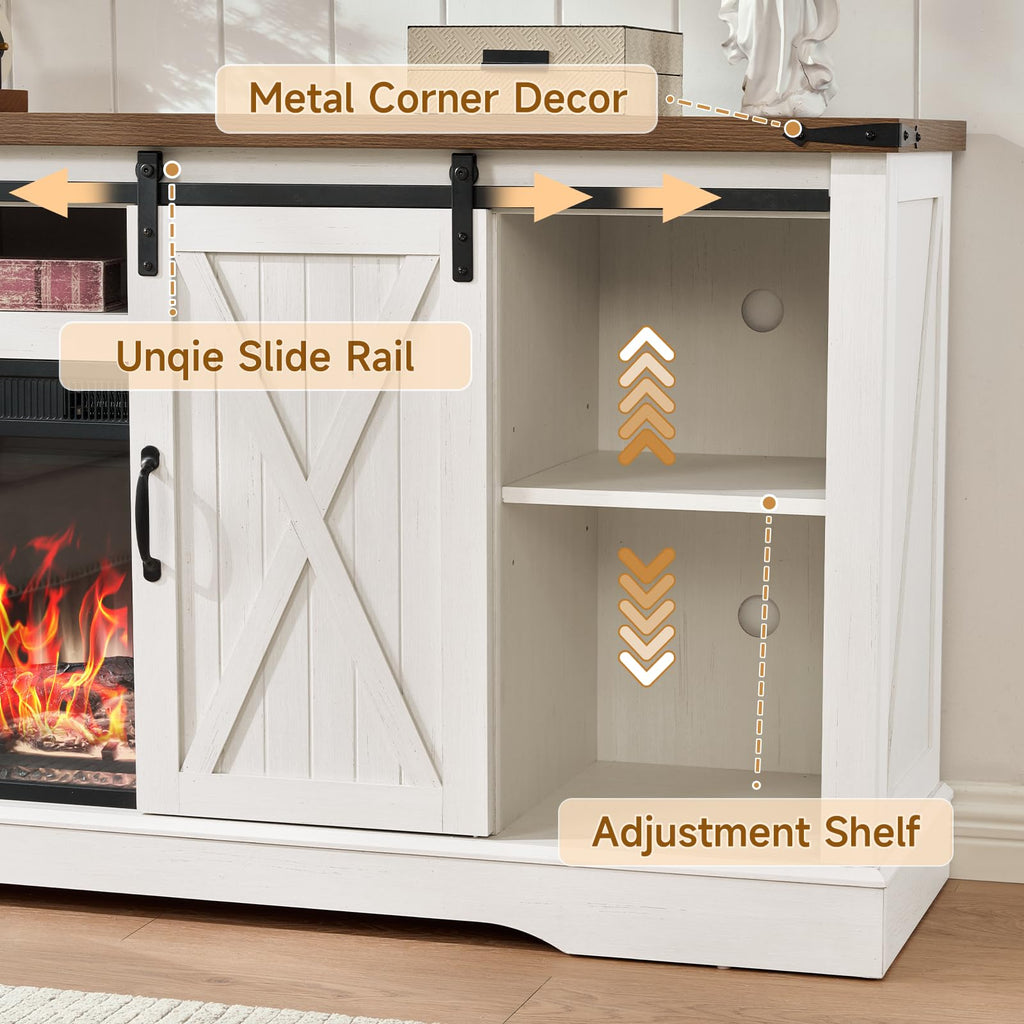 58" Fireplace TV Stand for TV up to 65 Inch with Sliding Barn Doors, White J76908