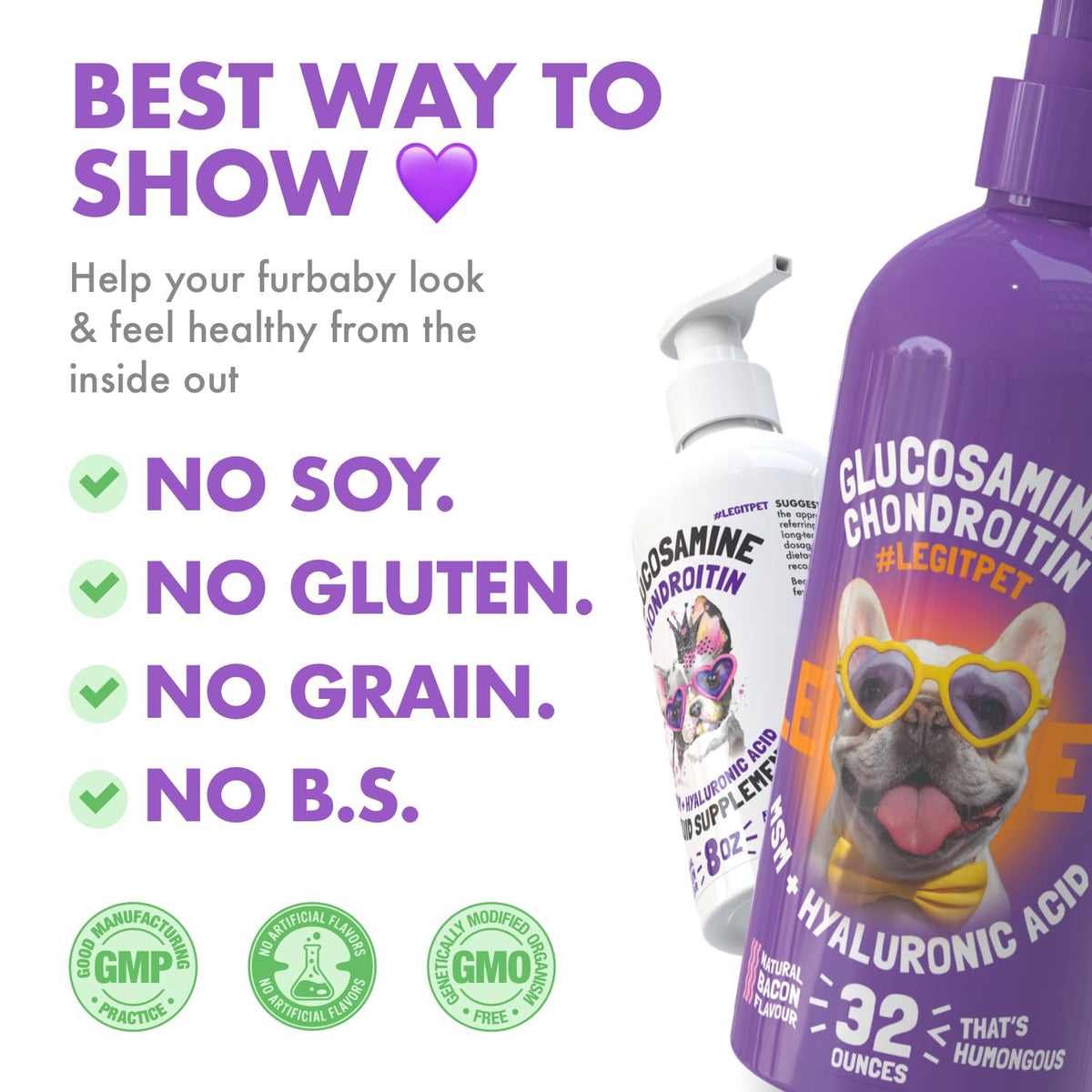 Liquid Glucosamine Chondroitin MSM Hyaluronic Acid Bacon Flavor Dog Supplement 32 oz O378