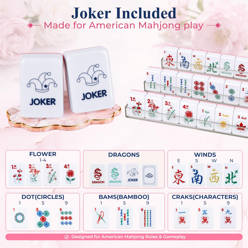 American Mahjong Set 166 Mini 0.8-Inch Tiles 4 Racks Pink W21635