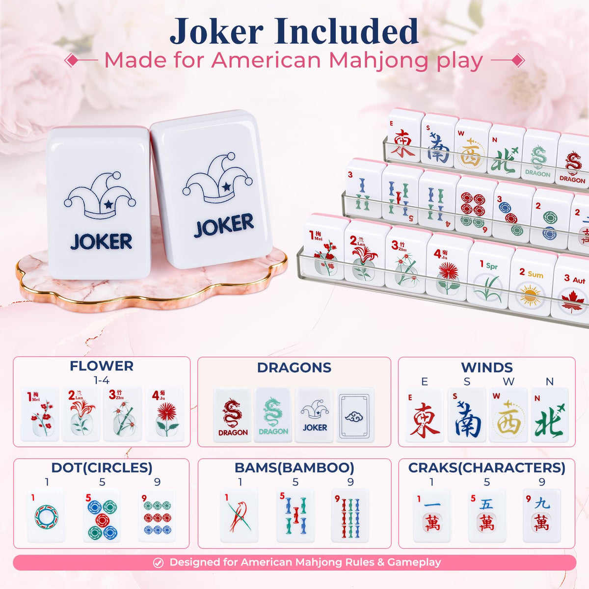 American Mahjong Set 166 Mini 0.8-Inch Tiles 4 Racks Pink W21635