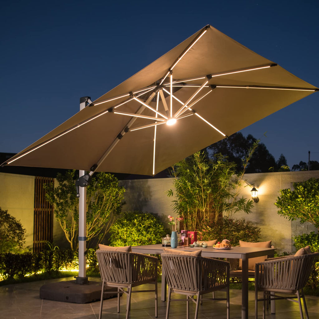 10 FT Square Cantilever Patio Umbrella with Solar LED Lights and Cross Base, Khaki F483548