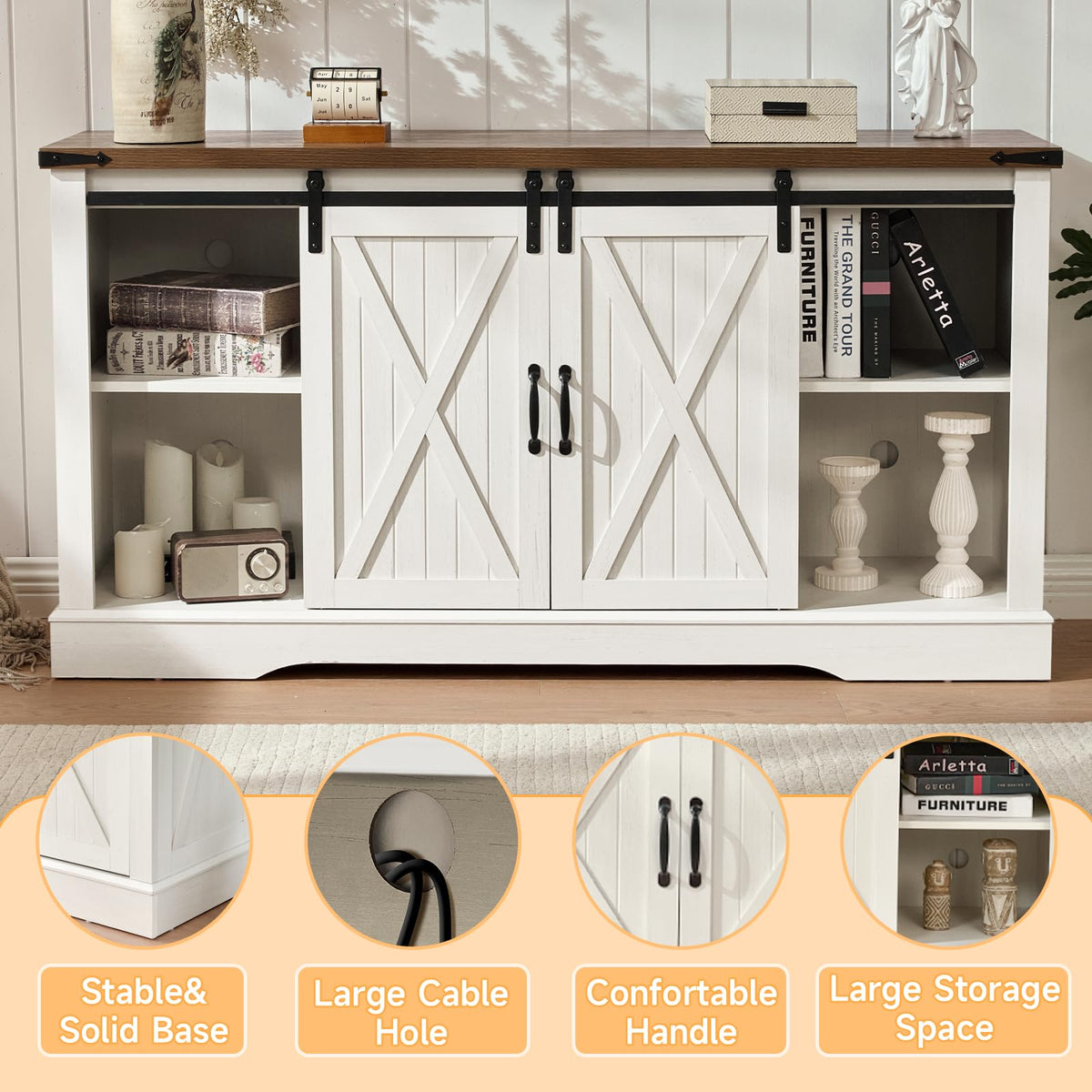 58" Fireplace TV Stand for TV up to 65 Inch with Sliding Barn Doors, White J76908