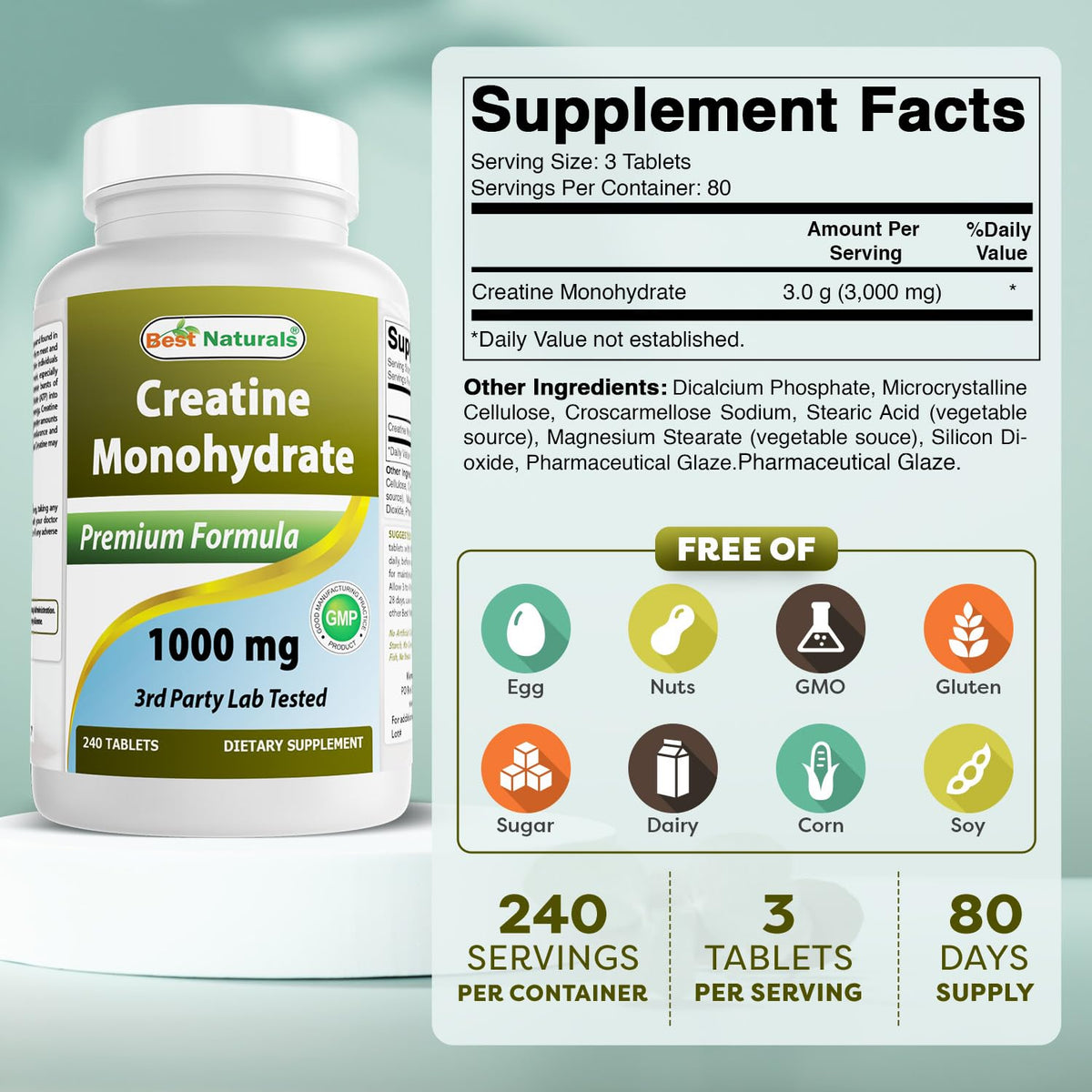 Creatine Monohydrate 1000 mg 240 Tablets S71707
