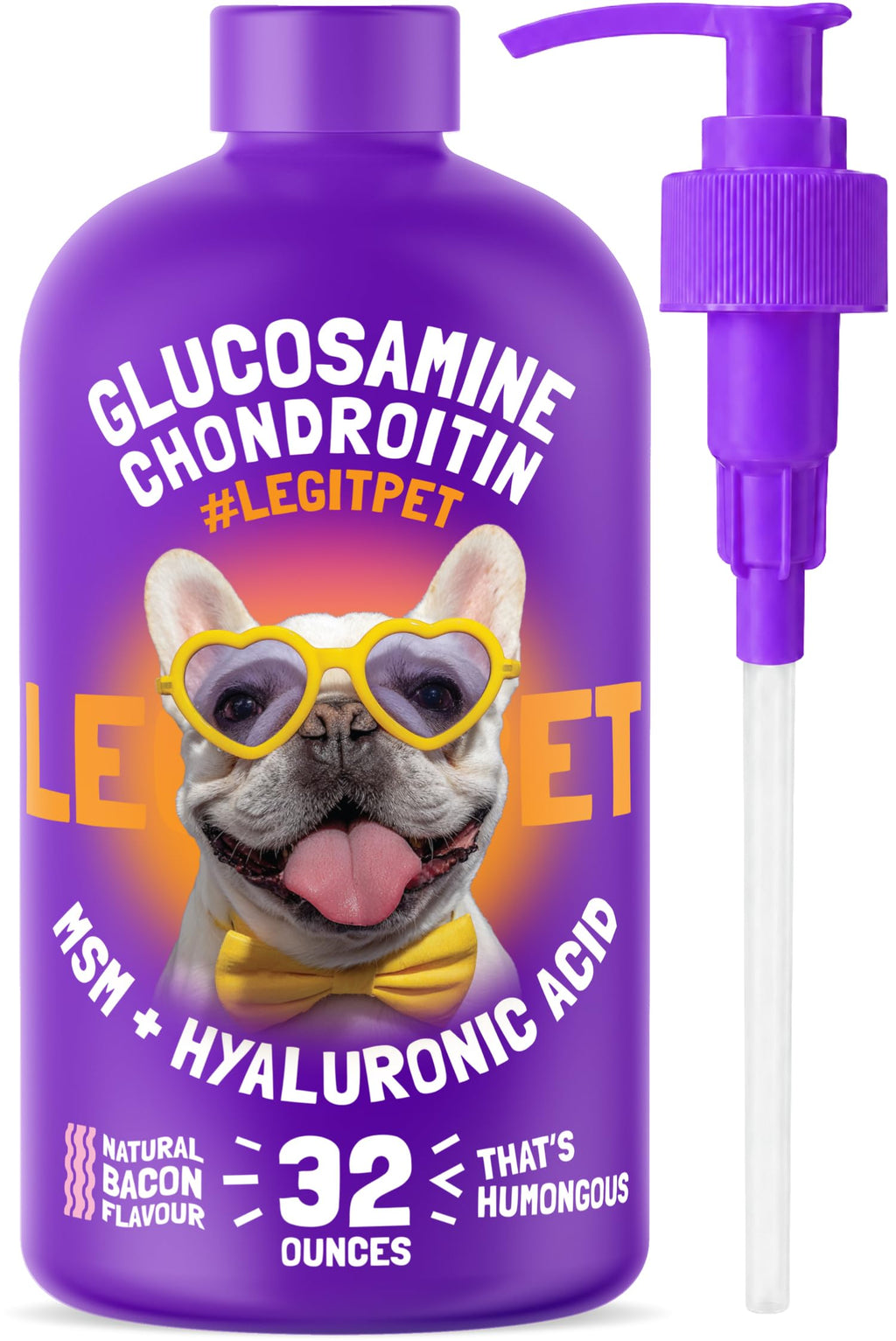 Liquid Glucosamine Chondroitin MSM Hyaluronic Acid Bacon Flavor Dog Supplement 32 oz O378