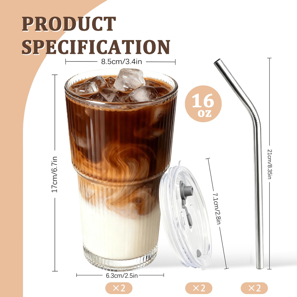 2 Packs Ribbed Glass Tumbler with Lid and Straw 16 oz L904