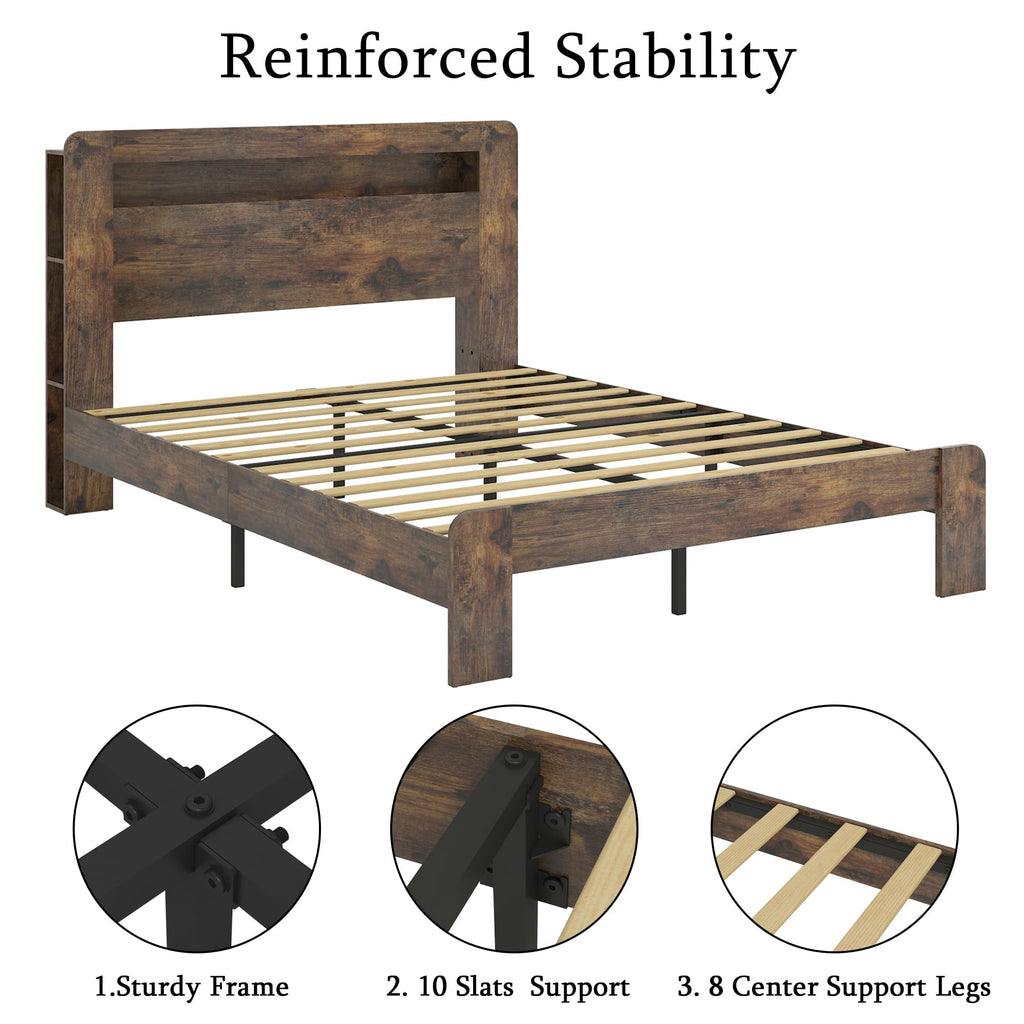 Full Size Dark Brown Wood Platform Bed Frame with Storage D292