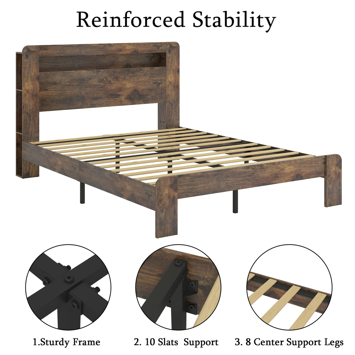 Full Size Dark Brown Wood Platform Bed Frame with Storage D292