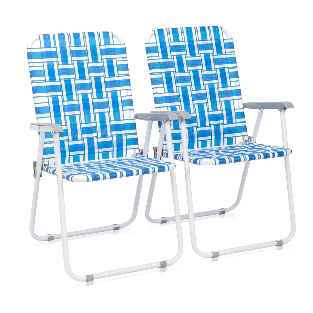 Folding Aluminum Webbed Lawn Chairs Set of 2 Blue & White Strip G91102