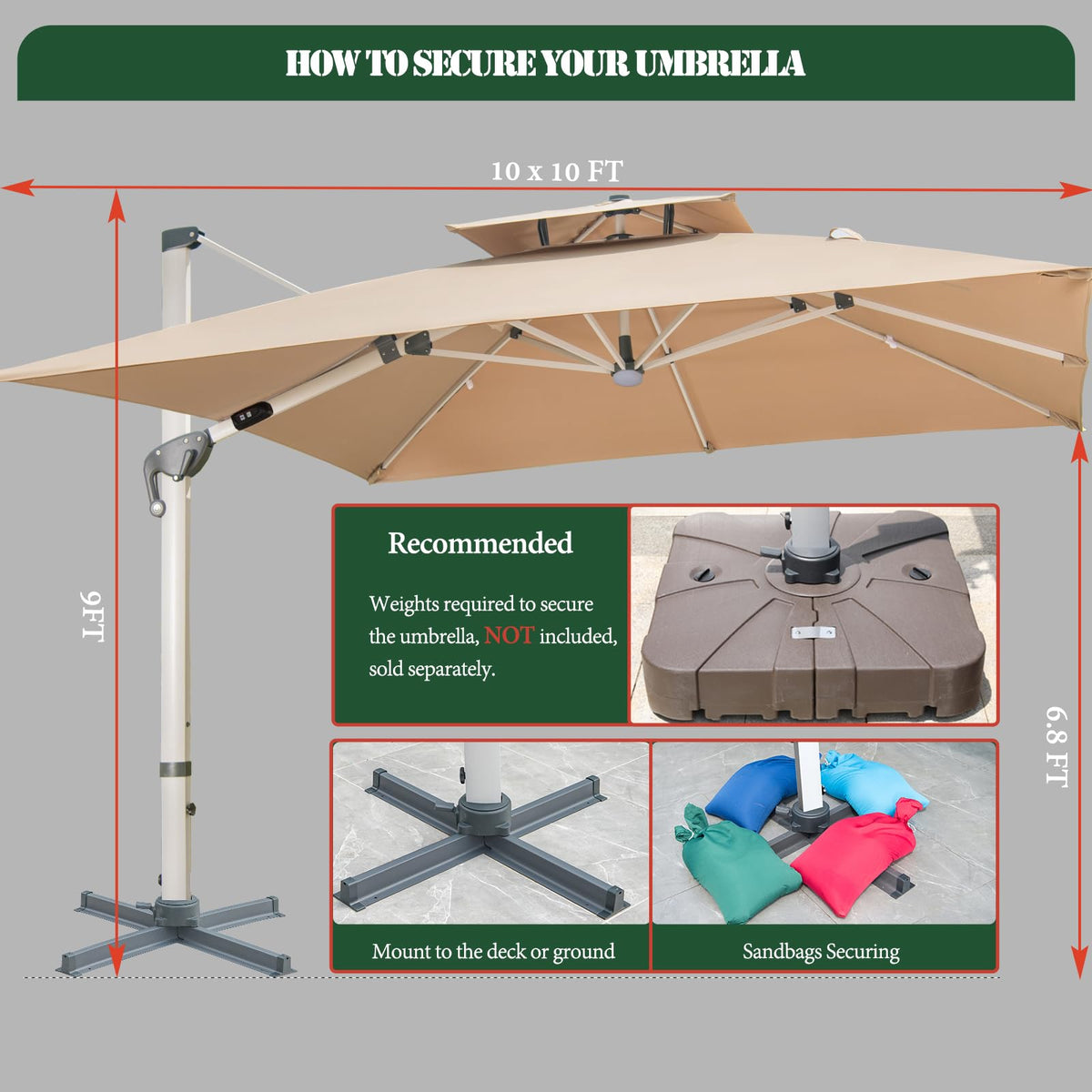 10 FT Square Cantilever Patio Umbrella with Solar LED Lights and Cross Base, Khaki F483548