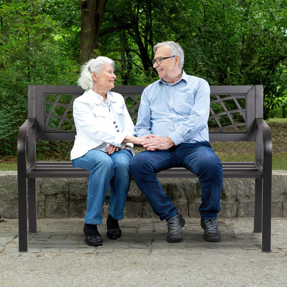 Black Metal Outdoor Patio Bench with Armrests Q574745