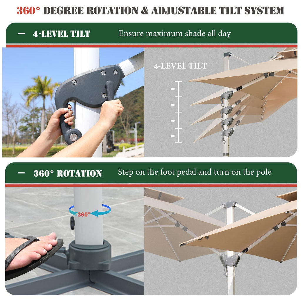 10 FT Square Cantilever Patio Umbrella with Solar LED Lights and Cross Base, Khaki F483548