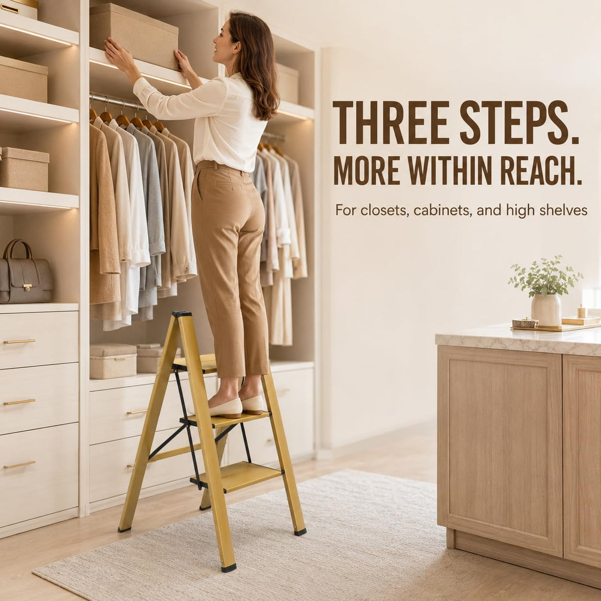 Gold Aluminum 3 Step Folding Stool, 330 lb Capacity F745