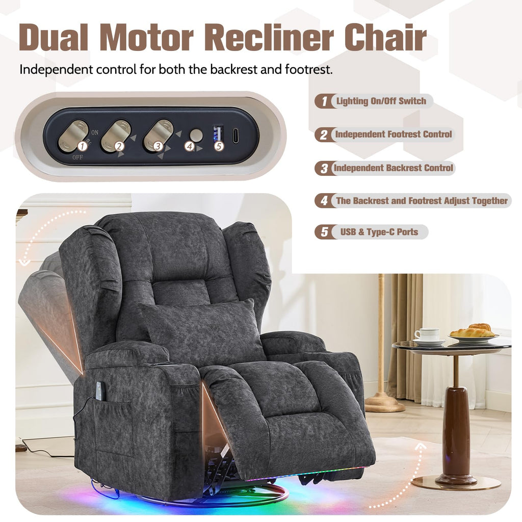 Velvet Gray Swivel Rocker Recliner with Massage and Heat P5934