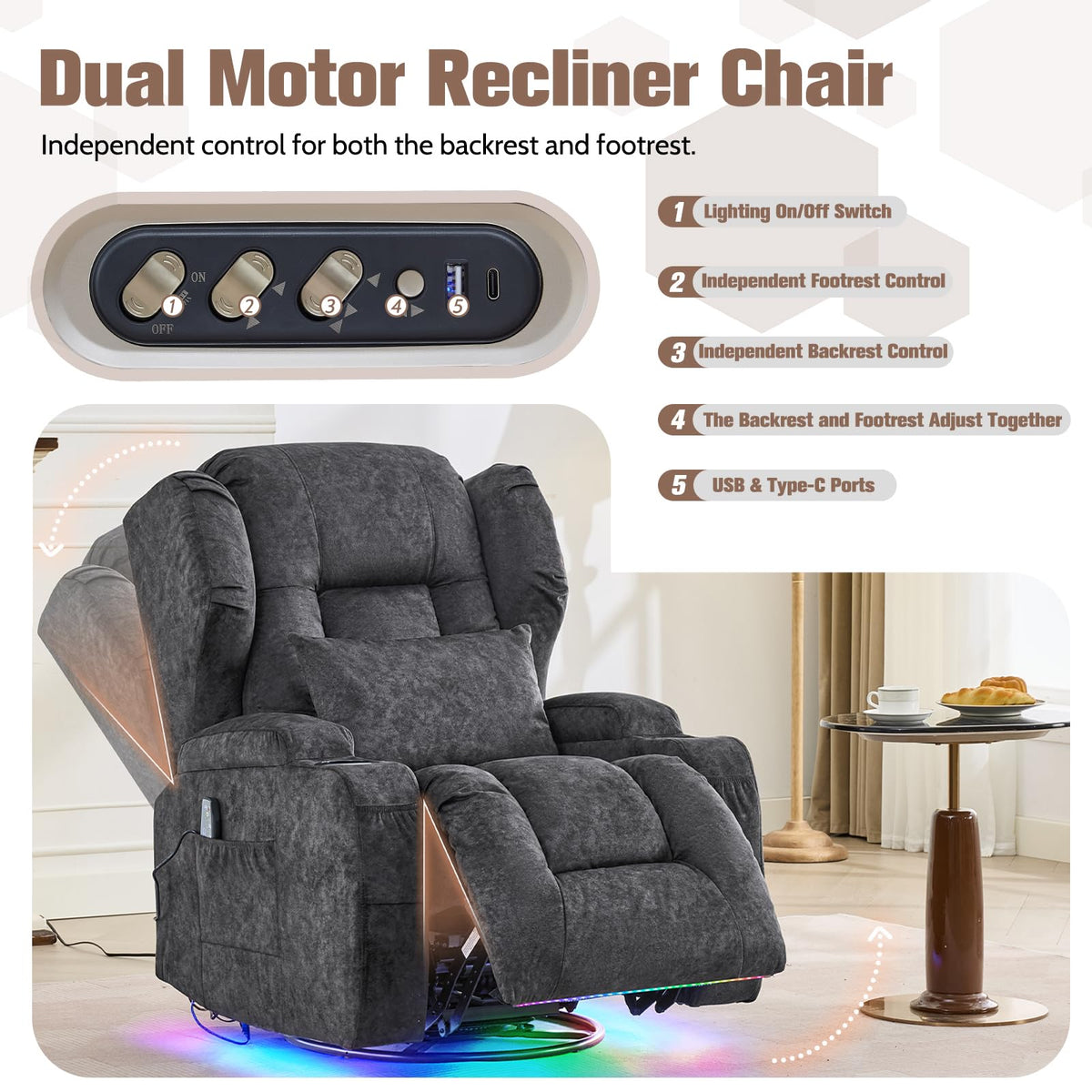 Velvet Gray Swivel Rocker Recliner with Massage and Heat P5934
