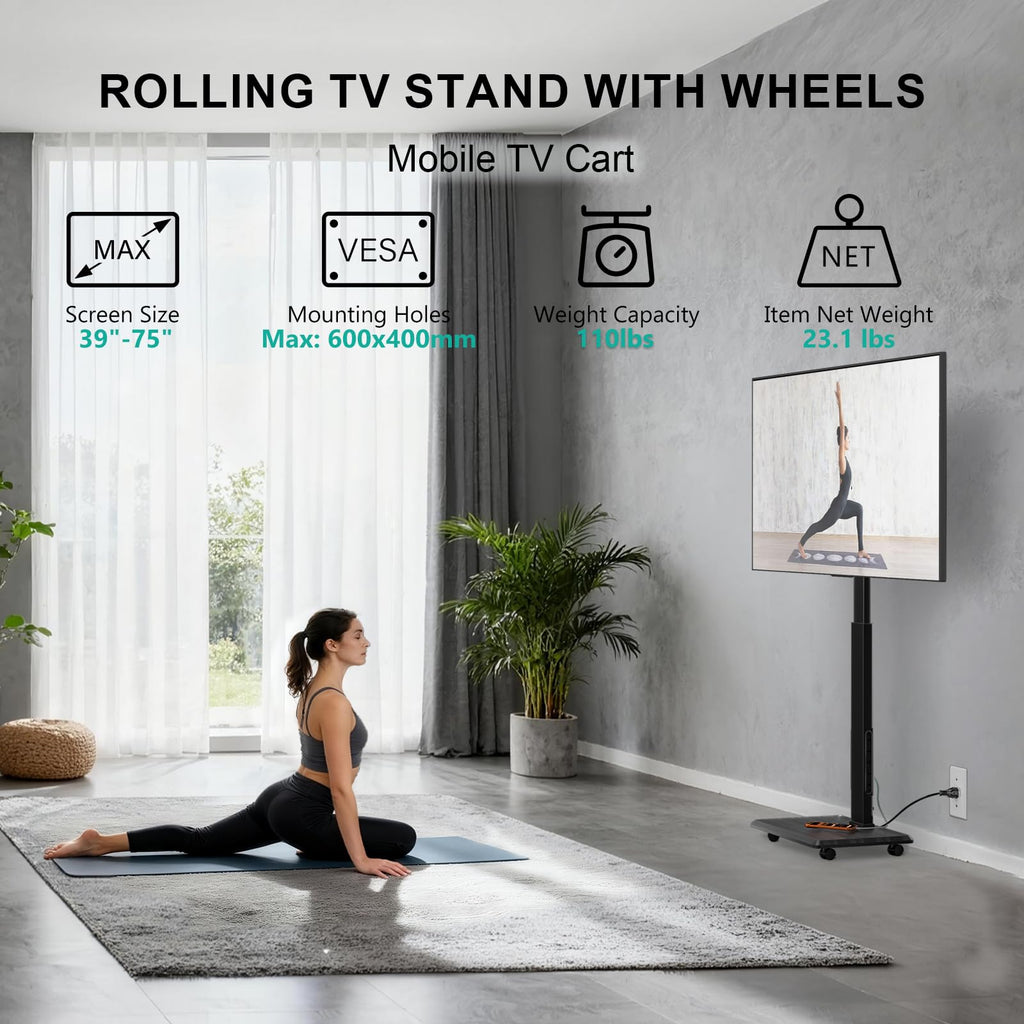 Rolling TV Stand with Power Outlet for 39-75 inch TV, Black H683871