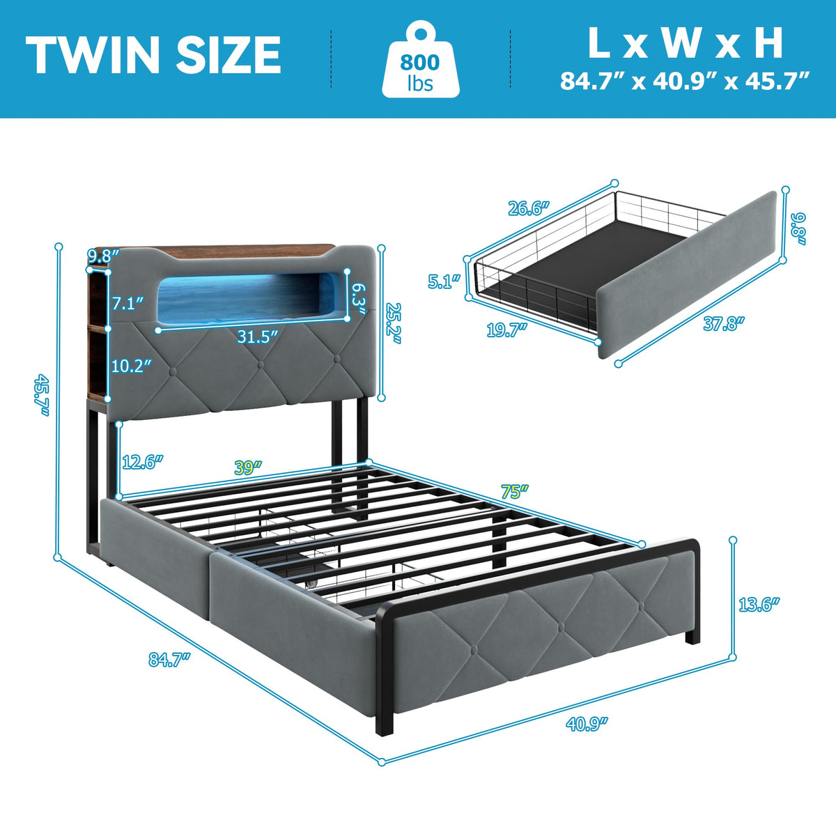 Twin Upholstered Velvet Platform Bed Frame with 2 Storage Drawers M995973