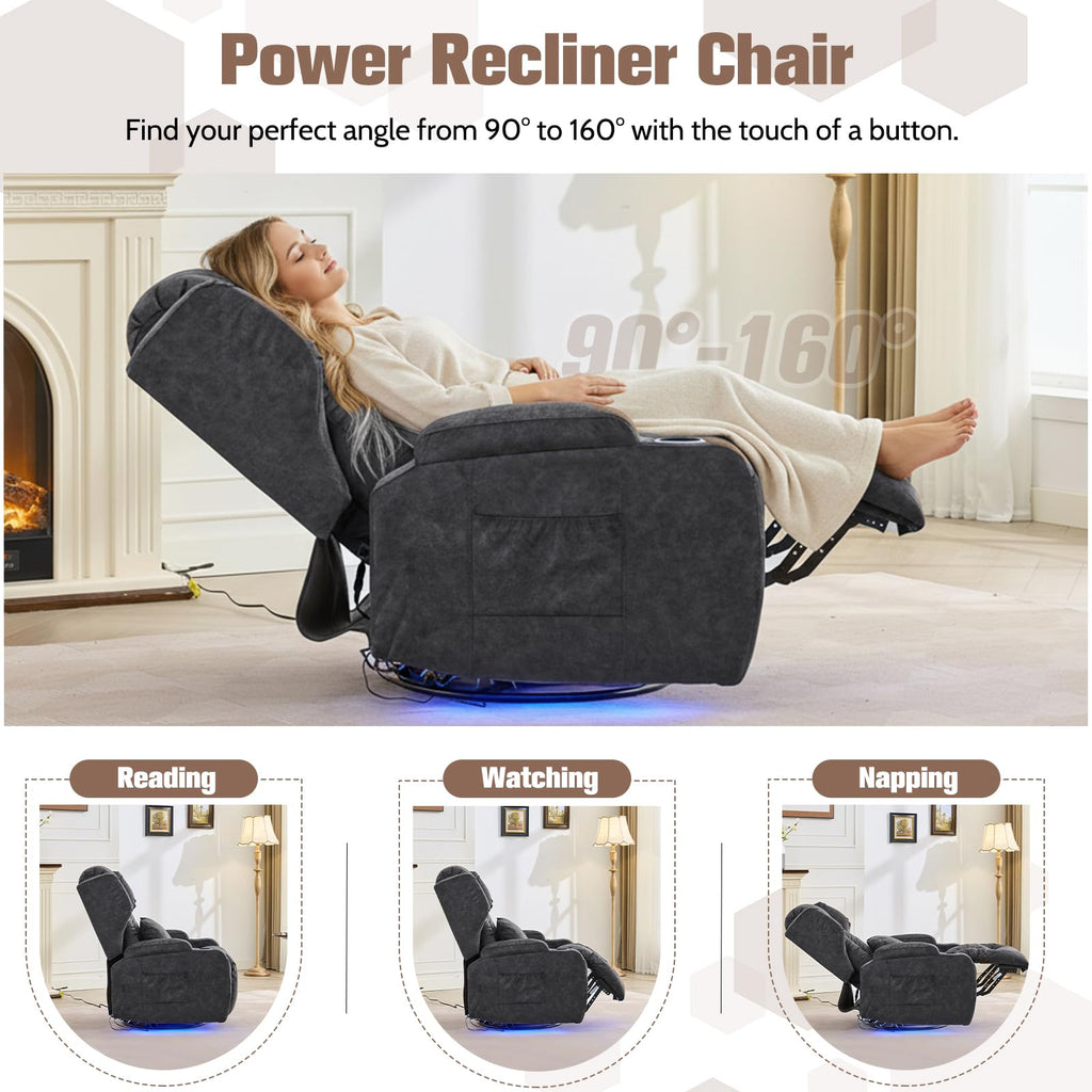 Velvet Gray Swivel Rocker Recliner with Massage and Heat P5934