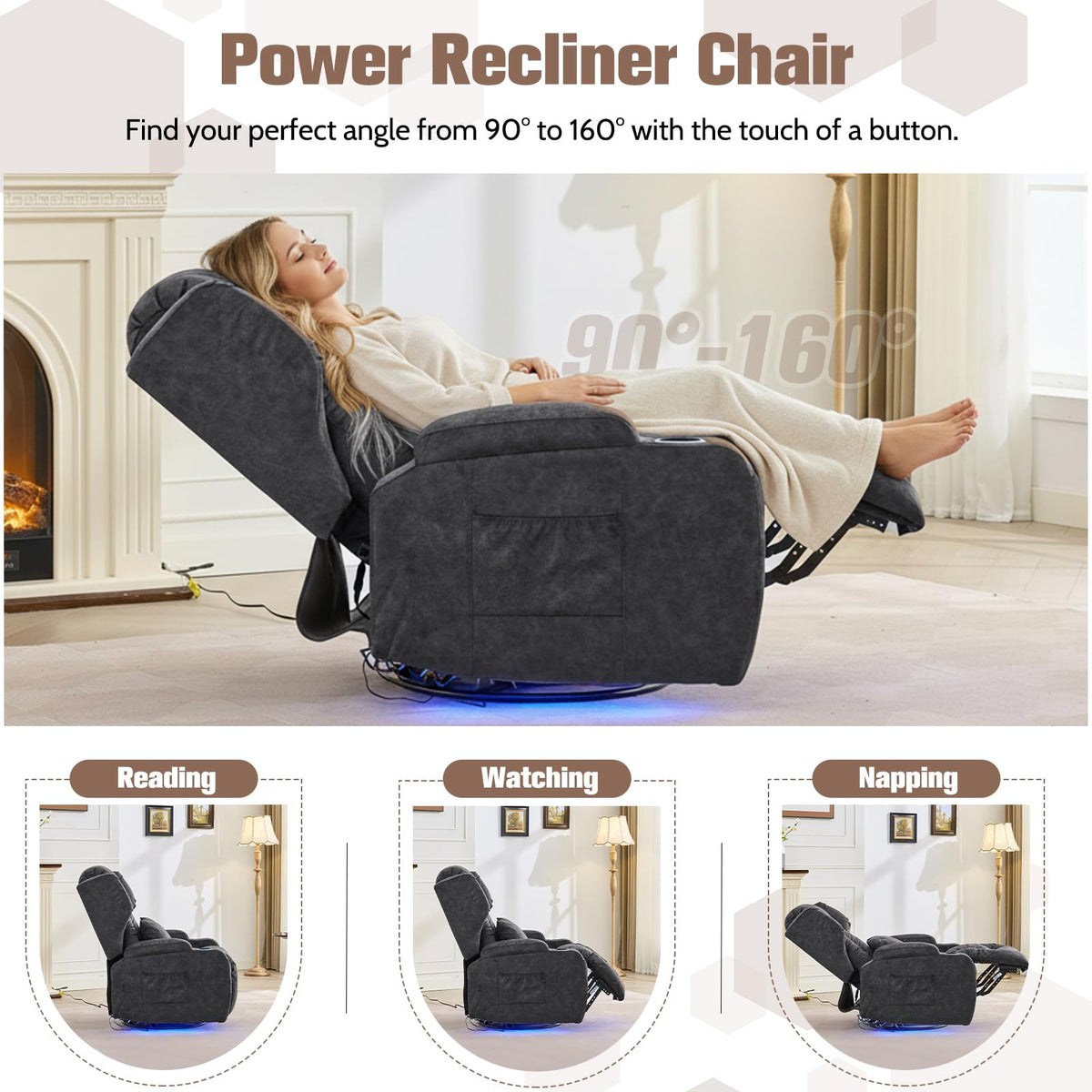 Velvet Gray Swivel Rocker Recliner with Massage and Heat P5934