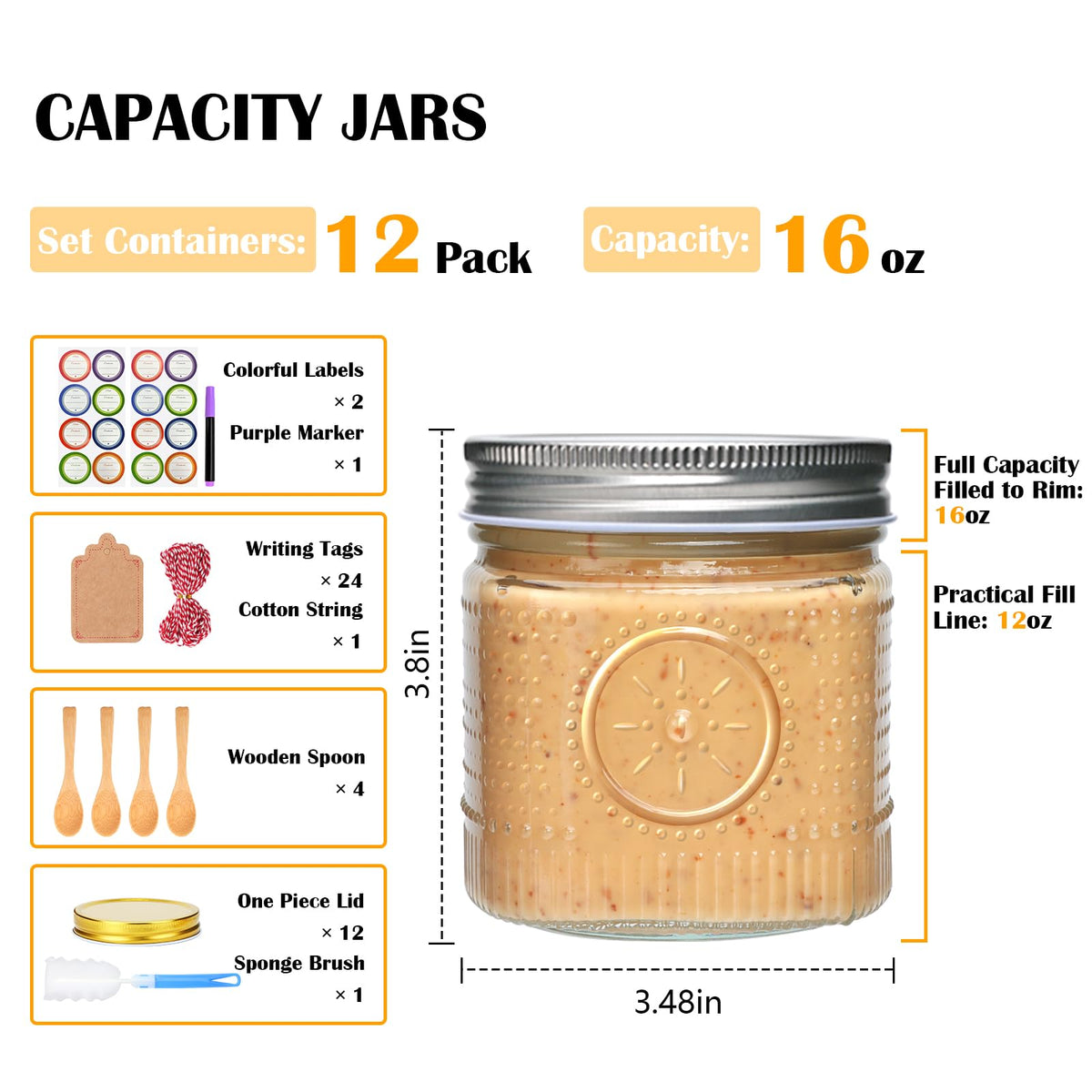16 oz 12 Pack Wide Mouth Glass Jars with Lids S5737