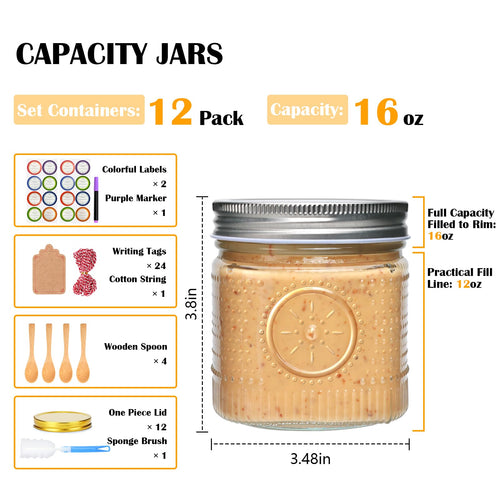 16 oz 12 Pack Wide Mouth Glass Jars with Lids S5737