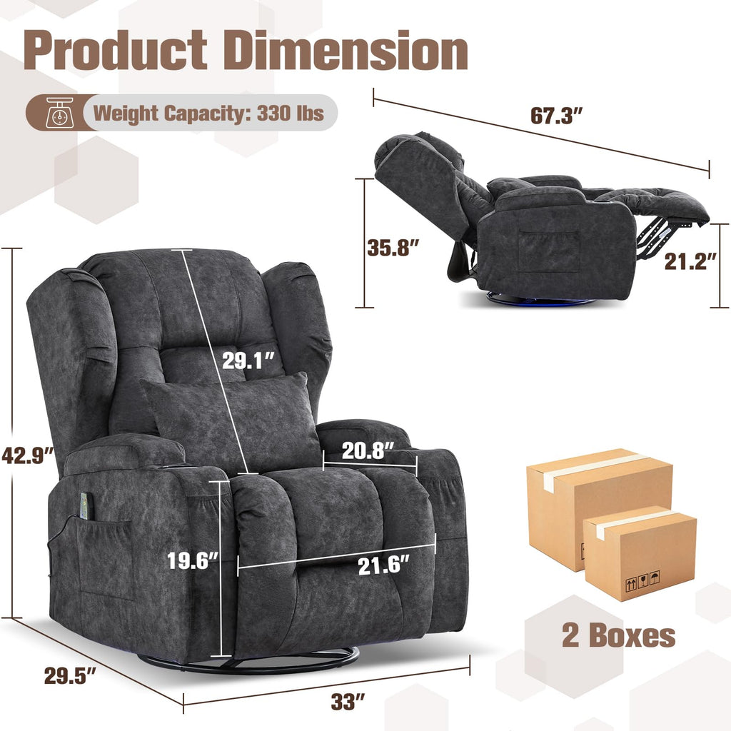 Velvet Gray Swivel Rocker Recliner with Massage and Heat P5934