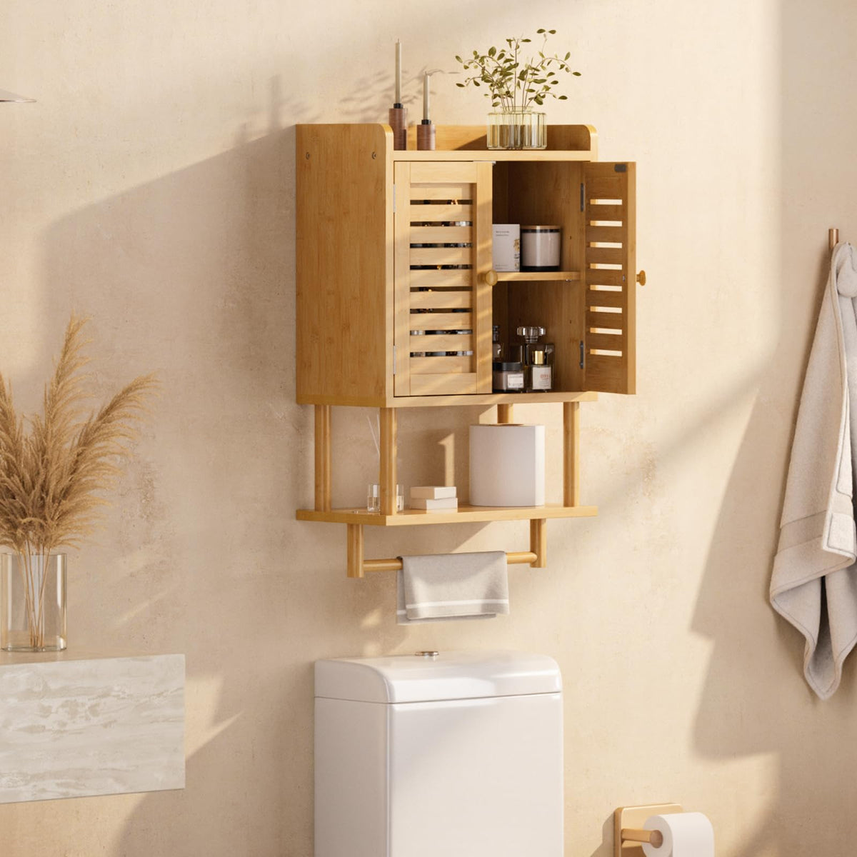 Bamboo Over The Toilet Storage Cabinet with Towel Bar G5967